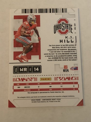 2020 Contenders Draft Picks College Ticket Blue Foil KJ Hill #139 Rookie Auto RC - Bild 3 von 4