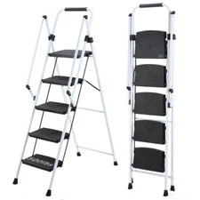 4/5 Step Folding Ladder with Tool Platform Handrails Non-Slip Ladder