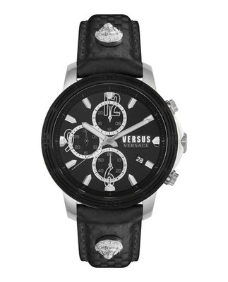 Versus Versace Chronograph Uhr, Herren, Schwarz Silber, Lederarmband VSPHJ1021