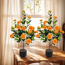 2 Pack Artificial Camellia Tree 36" Faux Plant in Pot with Orange Flowers NEW