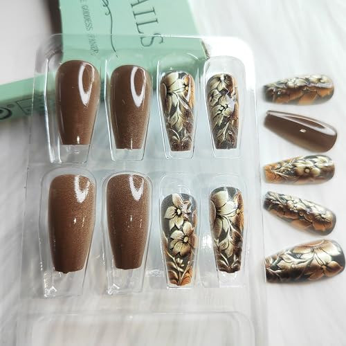 Braune Press on Nails langer Sarg falsche Nägel mit 3D Gold geprägter Blume - Bild 4 von 7