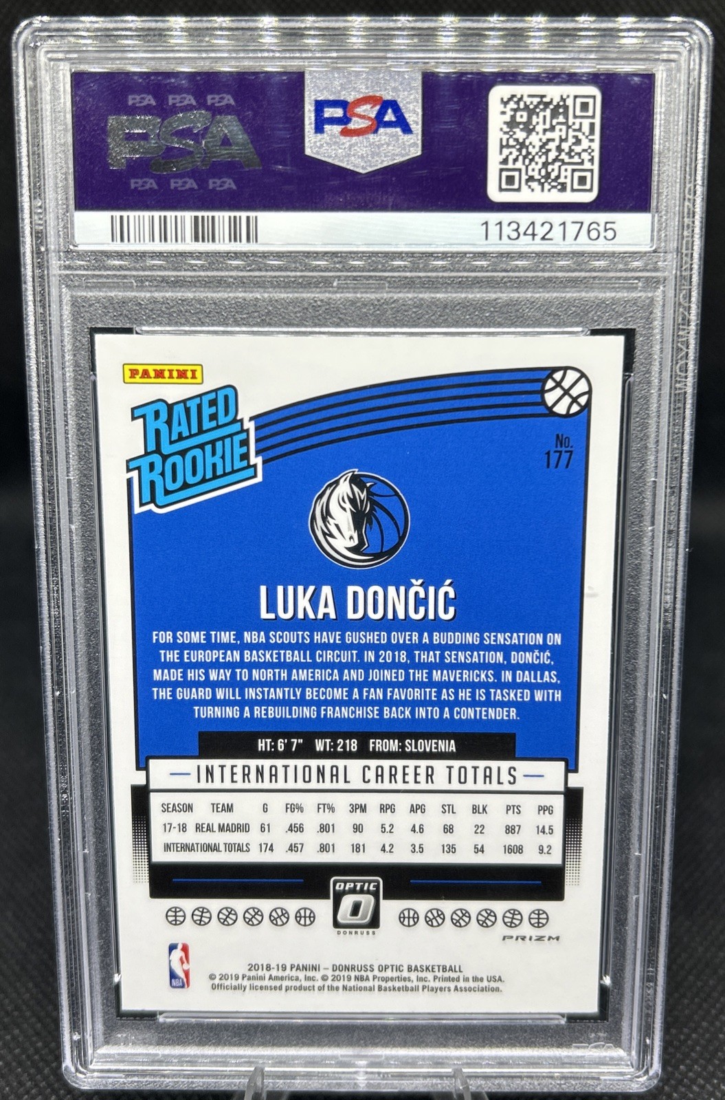 Luka Doncic 2018 Panini Donruss Optic Holo PSA 10 RC #177 Rookie Mavericks view 2