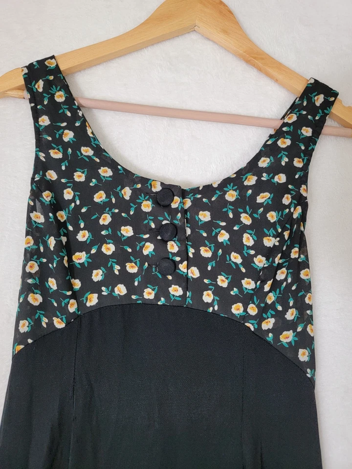 Maxi Vestido Vintage Años 90 Y2K Ditsy Floral Negro Mujer Pequeño Grunge Foto 3 de 4