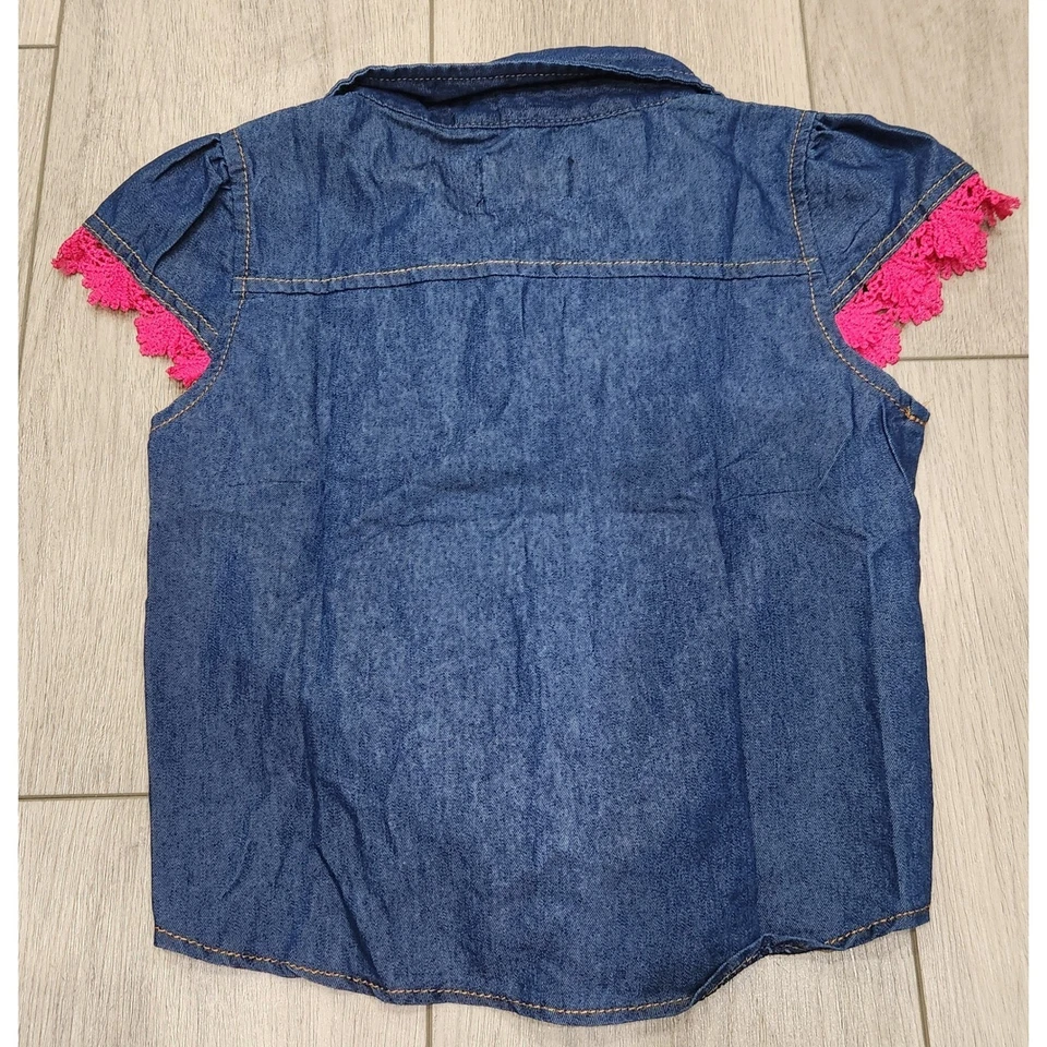 Top de mezclilla para casa de muñecas niñas con botones corbata frontal sin mangas rosa ribete de encaje talla 6X Foto 2 de 4