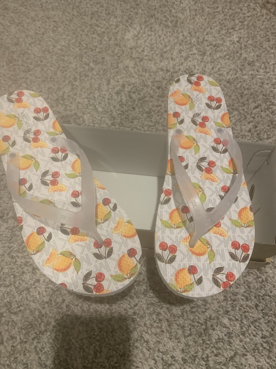 半額 mtd0058 flk020229 Michael Kors MK Logo Flip Flop Fruit Print Thong Sandal Slide
