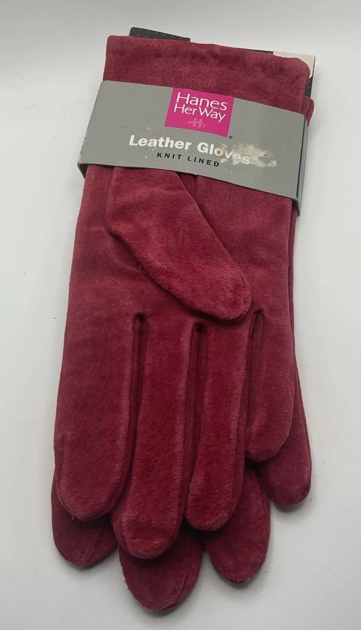 Hanes Her Way Women’s Leather Gloves Knit Lined Sangria Size M 1994 NEW