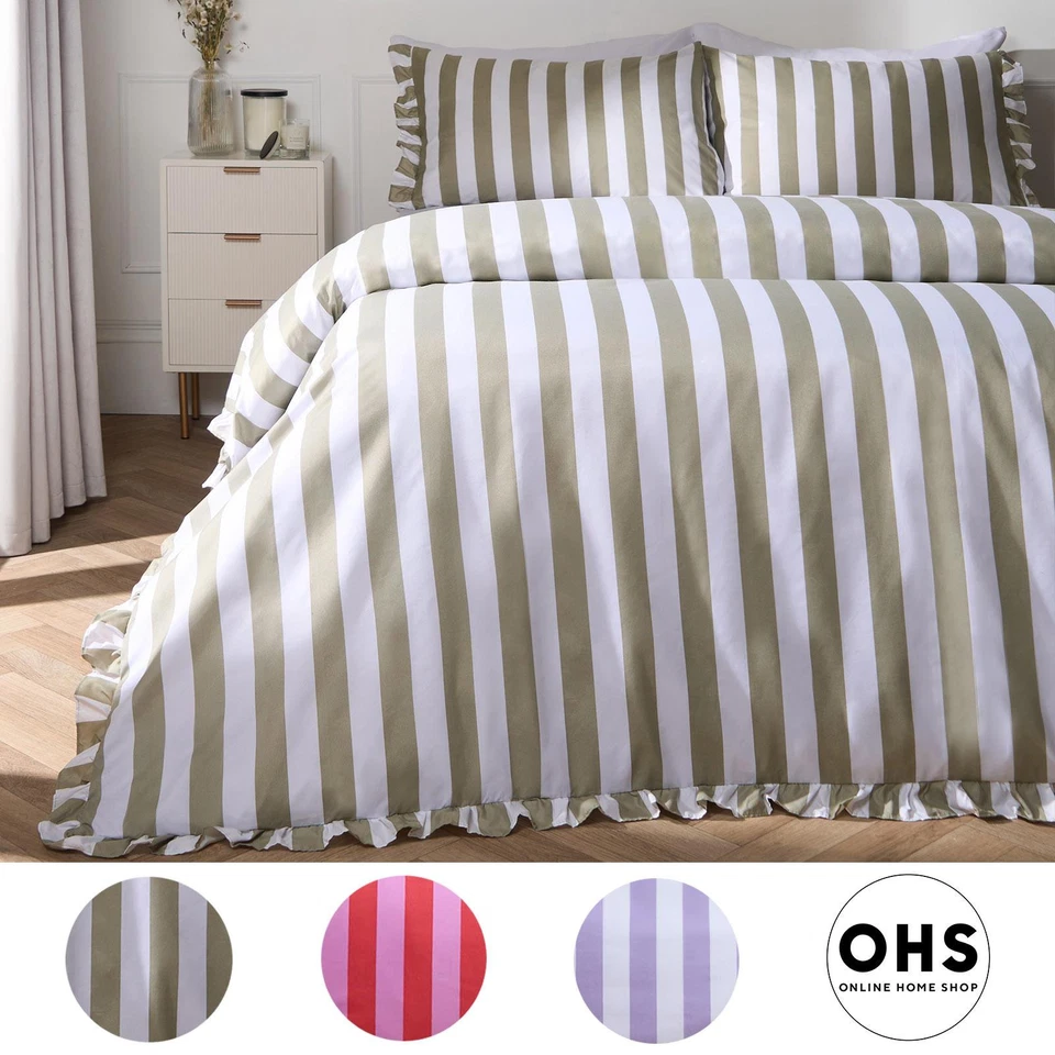 OHS Frill Duvet Cover Bedding Set Pillowcase Stripe Quilt Luxury Double King Size