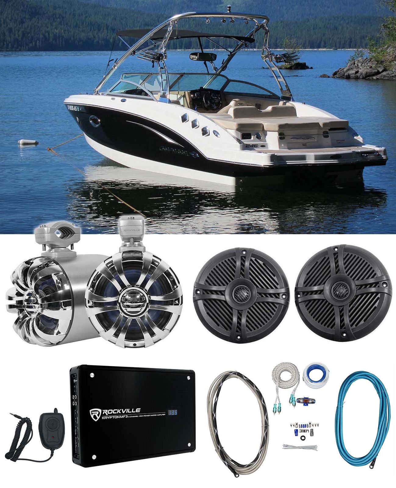 Морской вейкборд Rockville 65 Поворотный металлический Коаксиальные динамики Усилитель Комплект усилителей