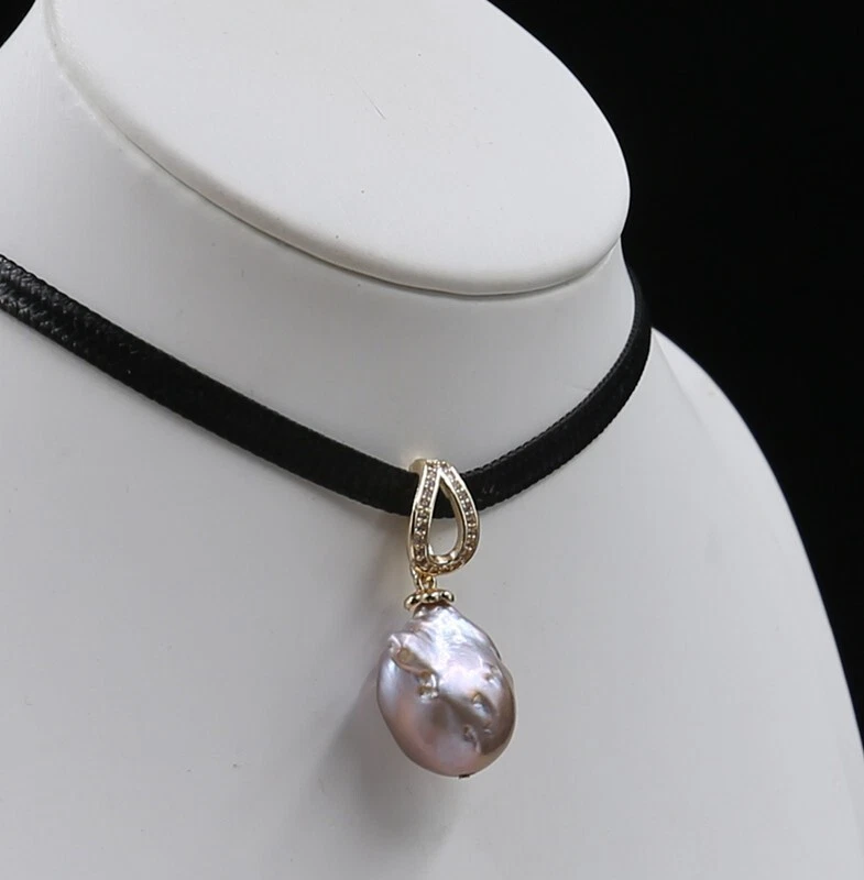 Enorme collar con correa de cuero de perlas barrocas moradas 18 pulgadas regalo impecable P355 Foto 2 de 3