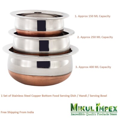 Stainless Steel Copper Bottom Baby Dish Serving Bowl Handi 3 Pcs Kitchen - Copper Storage Containers India Stainless Steel Copper Bottom Baby Dish Serving Bowl Handi 3 Pcs Kitchen - Copper Storage Containers India