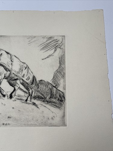 ANTIQUE ETCHING WPA AMERICAN REGIONALISM HORSE SIGNED MYSTERY ARTIST VINTAGE - Picture 11 of 14