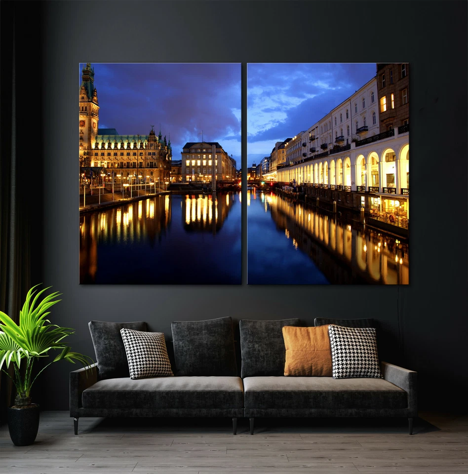 ALSTER ARKADEN Leinwand BILD-SET Modern Abstrakt Schwarz Blau Wandbild Hamburg - Bild 2 von 4