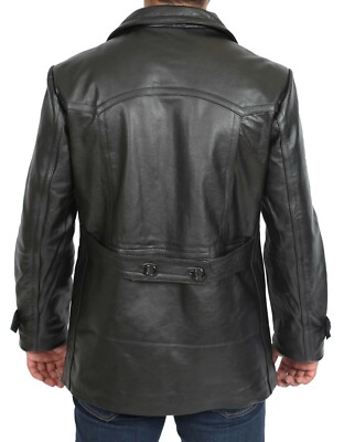 Mens Double Breasted Trench Leather Jacket Fitted Reefer Military