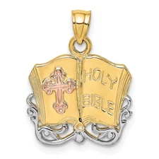 14K Two-tone Gold w/White Rhodium Holy Bible w/Cross Charm Pendant Mother Gift