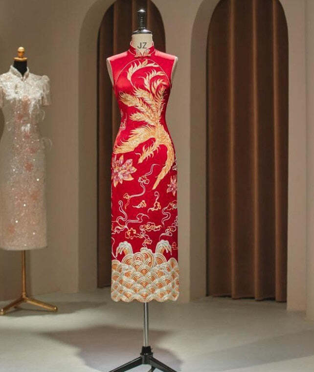 Two-piece Phoenix Gold and Red Wedding Qipao Dress, M
