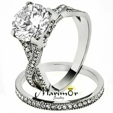 3.3 Ct Round Cut Cz Stainless Steel Wedding & Eternity Ring Set Womens Size 5-10