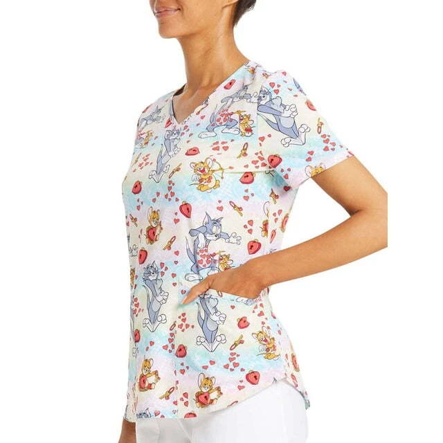 Scrubstar Scrub Top Women's Multi Tom and Jerry's Love Print V-Neck Round Hem XS - Image 3 of 4