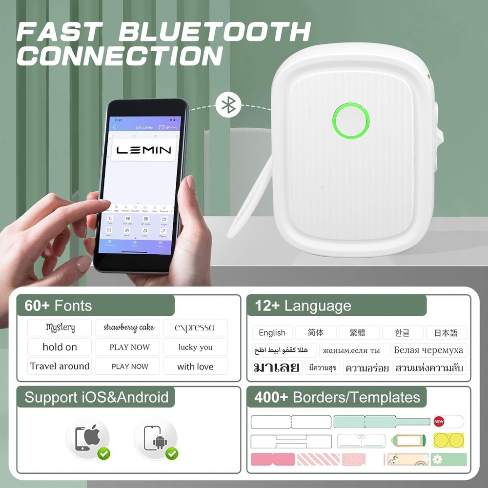 Bluetooth Mini Label Printer Portable Inkless Label Maker Machine with Tape