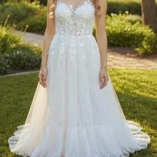 Romantic Lace Wedding Dress Handmade Size 12/14 Soft Tulle A-Line Gown