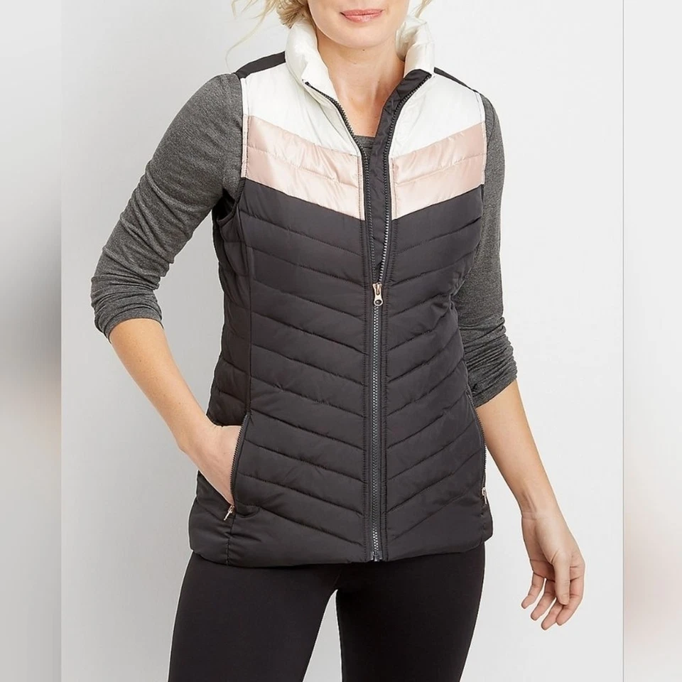 Maurices Puffy Quilted Vest Womens Small Chevron Colorblock Fall Winter Gorpcore - Image 4 of 4