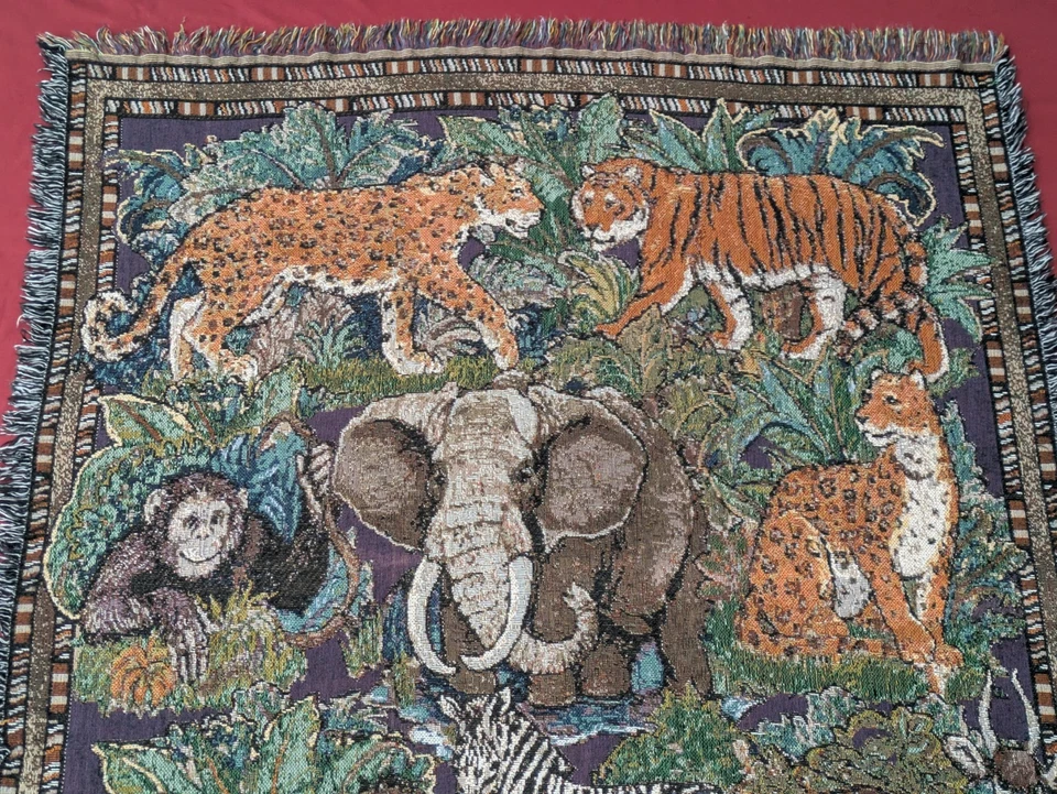 Manta tapiz vintage de animales de la selva raros tejedores americanos hecha en EE. UU. Foto 3 de 4