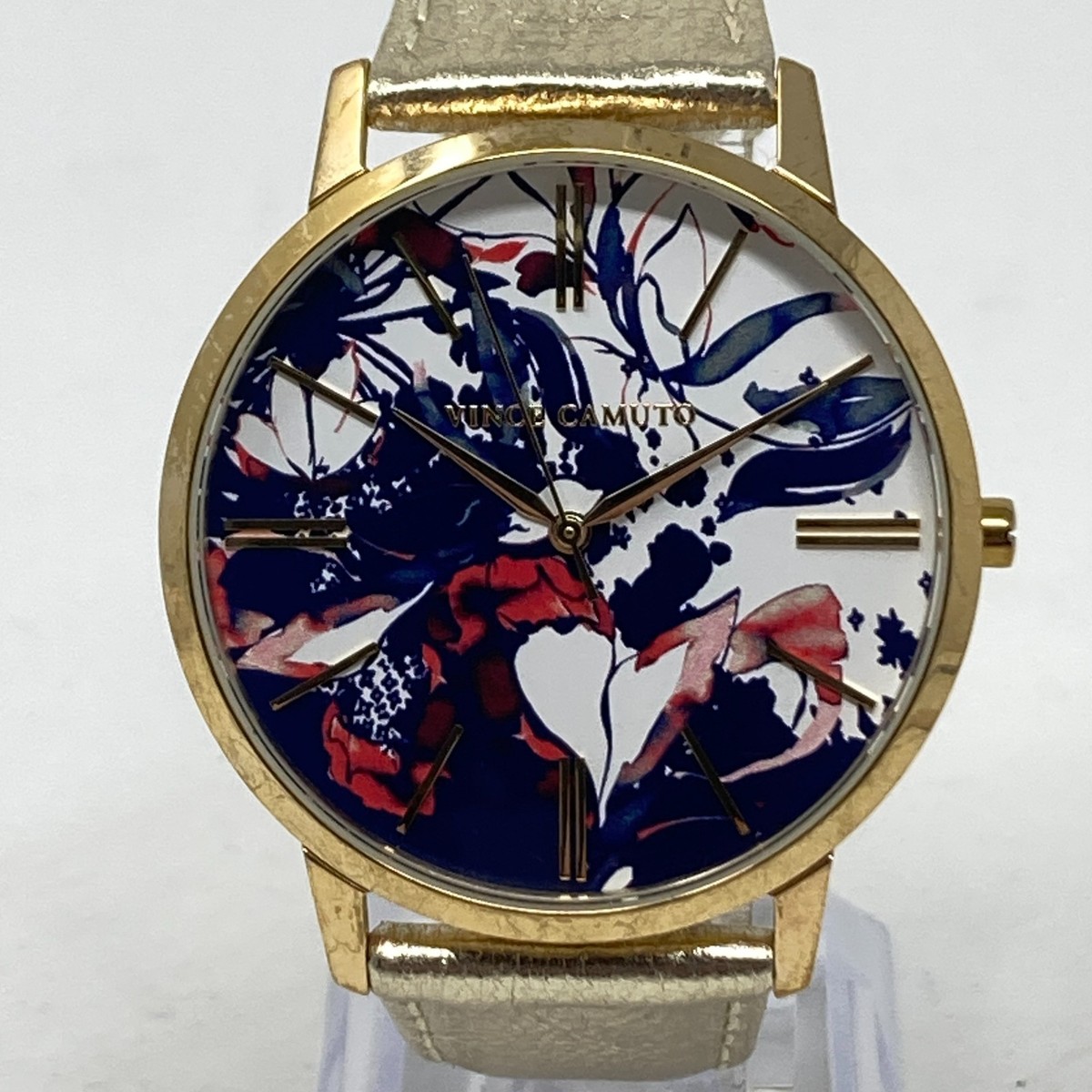 Vince Camuto Watch Women 40mm Gold Tone Floral Dial Leather New