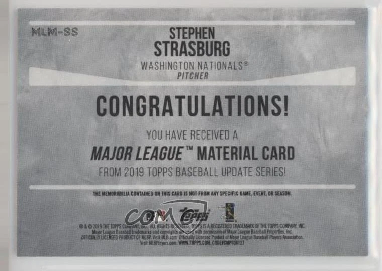 2019 Topps Update Major League Material Stephen Strasburg #MLM-SS - Image 2 of 2
