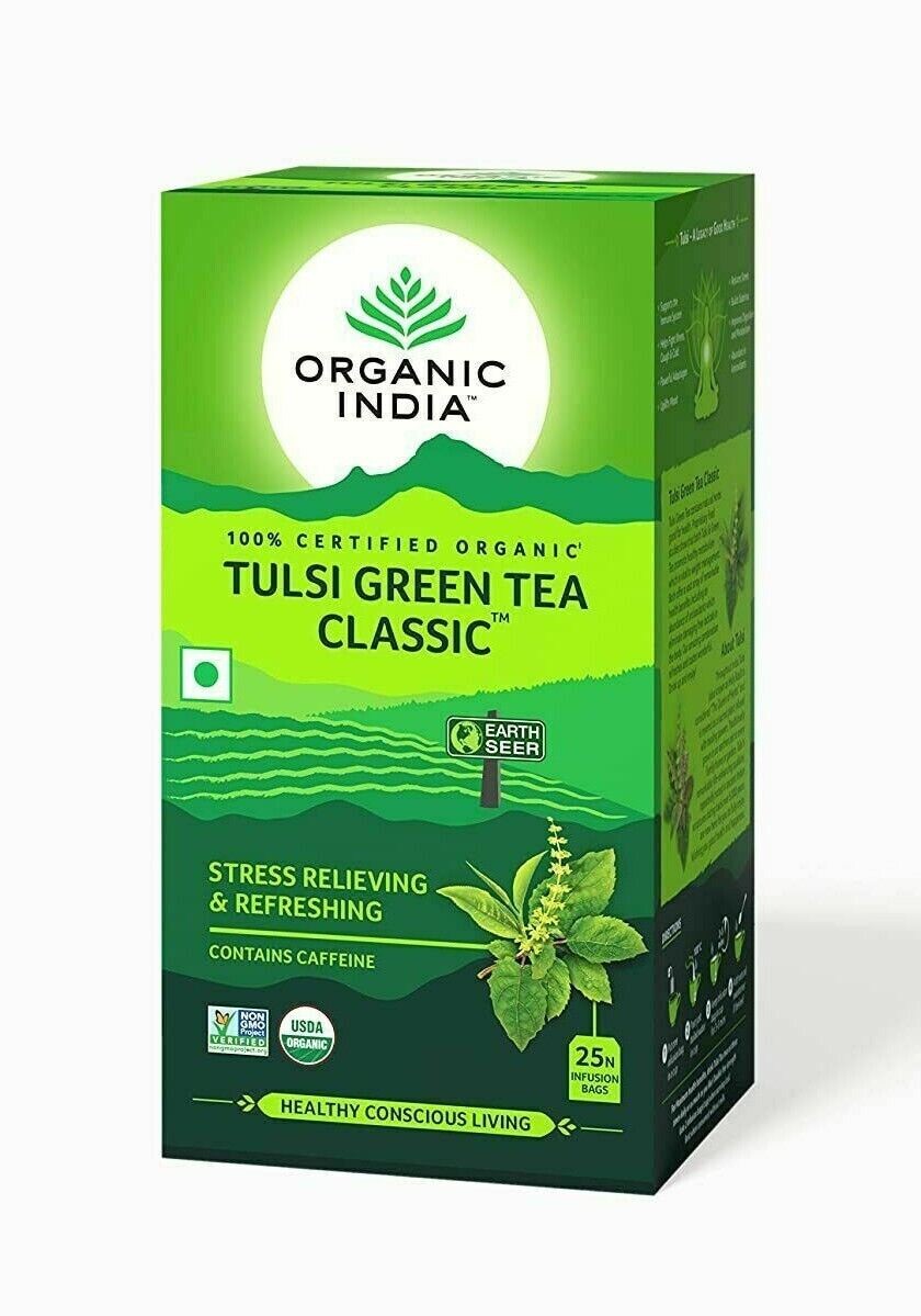 Organic India Tulsi Green Tea Classic - 25 bolsas de té de infusión sobres