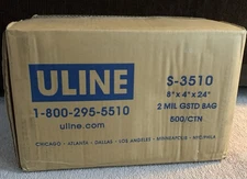 ULINE Gusseted STD Poly Bag 2 Mil S-3510 8”x 4”x 24” 500 Pieces NIB