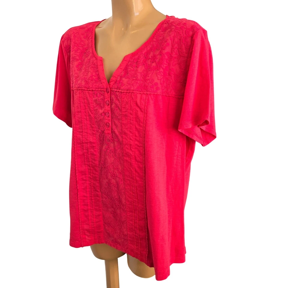 Top Breckenridge Mujer XL Rosa Encaje Floral Dividido Cuello Redondo Manga Corta Algodón Foto 4 de 4