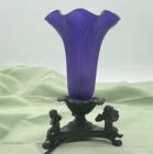 Vintage Meyda Tiffany Pond Lily Accent Lamp Triple Cherub Base Purple Glass