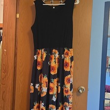 Women's 2XL Black Floral Sunflower Sleeveless Maxi Dress Orange Yellow
