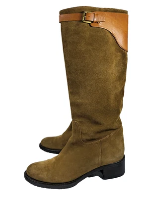 Bottes hautes Ralph Lauren en daim marron étiquette violette bordure en cuir ... - Photo 1/4