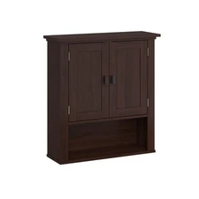Dark Woodgrain Bathroom Wall Cabinet with Adjustable Shelves and Storage