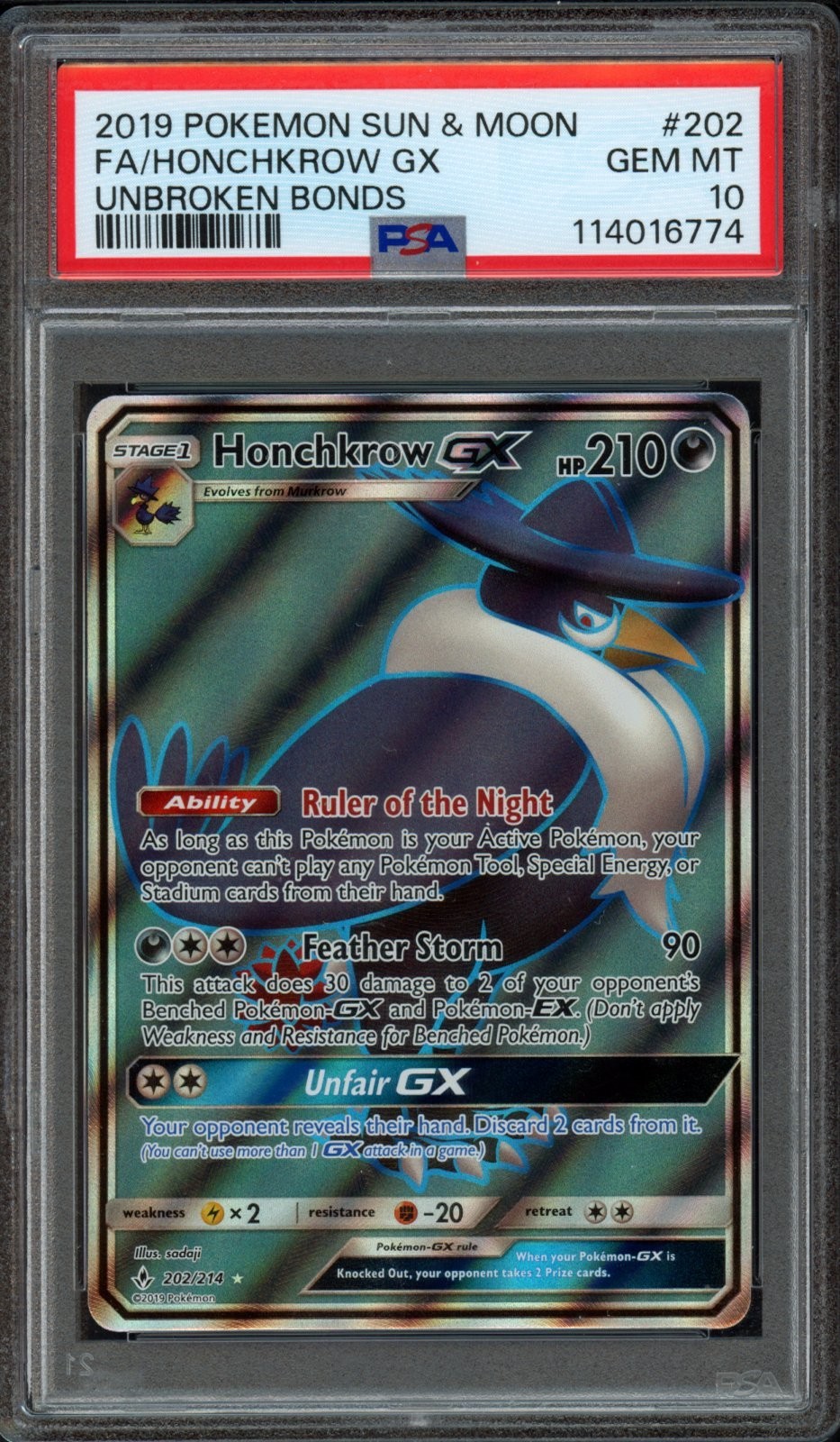 2019 Pokemon Sun & Moon Unbroken Bonds Honchkrow GX 202/214 PSA 10 Gem Mint FA