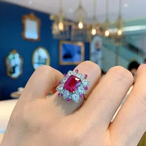 3Ct Emerald Cut Lab Created Red Ruby Halo Engagement Ring 14k White Gold Plated - Image 3 of 3