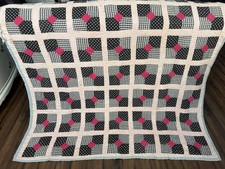 VINTAGE Handmade QUILT Black White Pink Patchwork BLANKET 65  x 74  