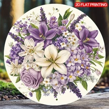 1pc Vintage Violet & Lily Round Aluminum Wall Hanging - 8-Inch Rustic Floral Dec