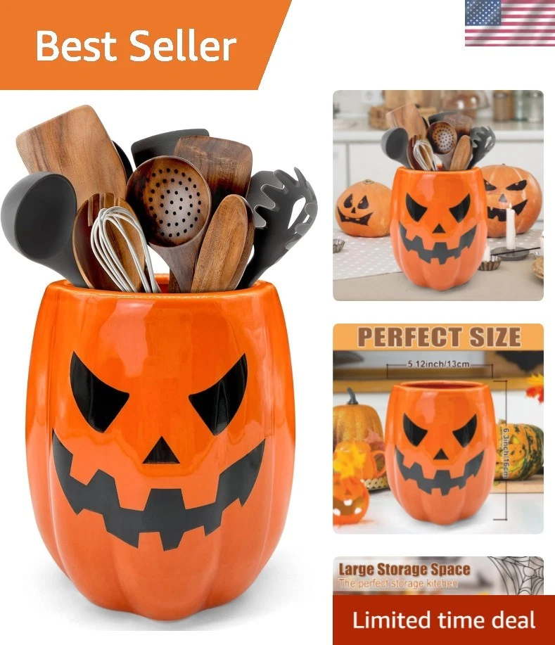 Halloween Kitchen Decor Pumpkin Utensil Holder Ceramic Rustic Farmhouse Organ...