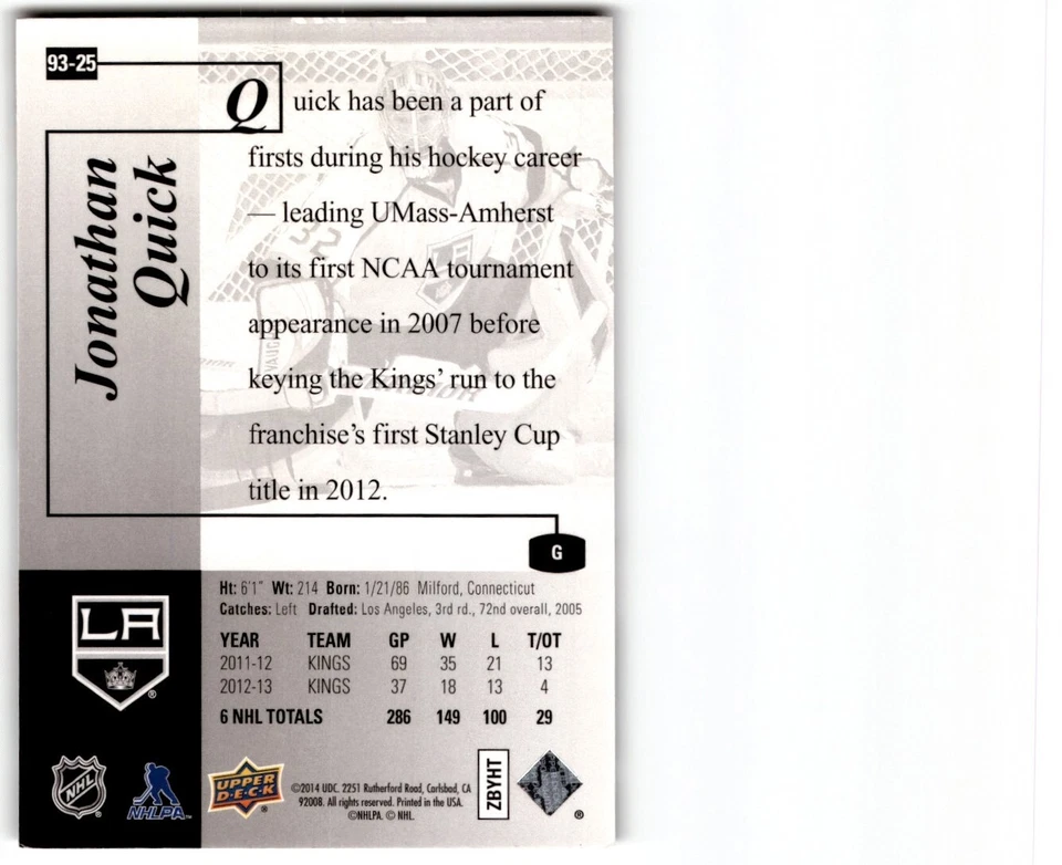 2013-14 SP Authentic '93-94 Retro Jonathan Quick #93-25 Los Angeles Kings - Image 2 of 2