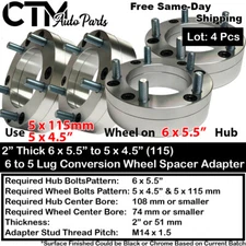 4x 2" 6x5.5" to 5x4.5"(5x115mm) Conversion Wheel Adapter Spacer Fit 12x1.5 Car