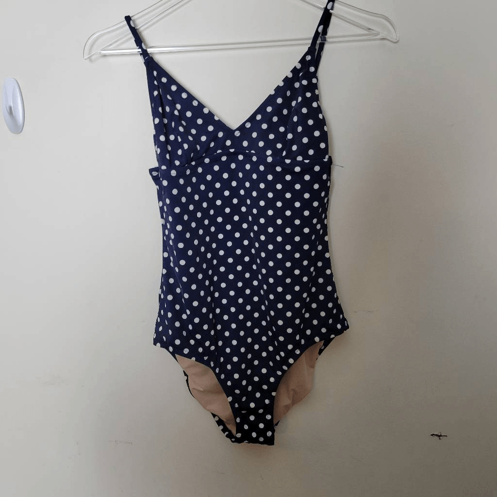 J. Crew One Piece Tank Swimsuit Navy White Polka Dot Womens