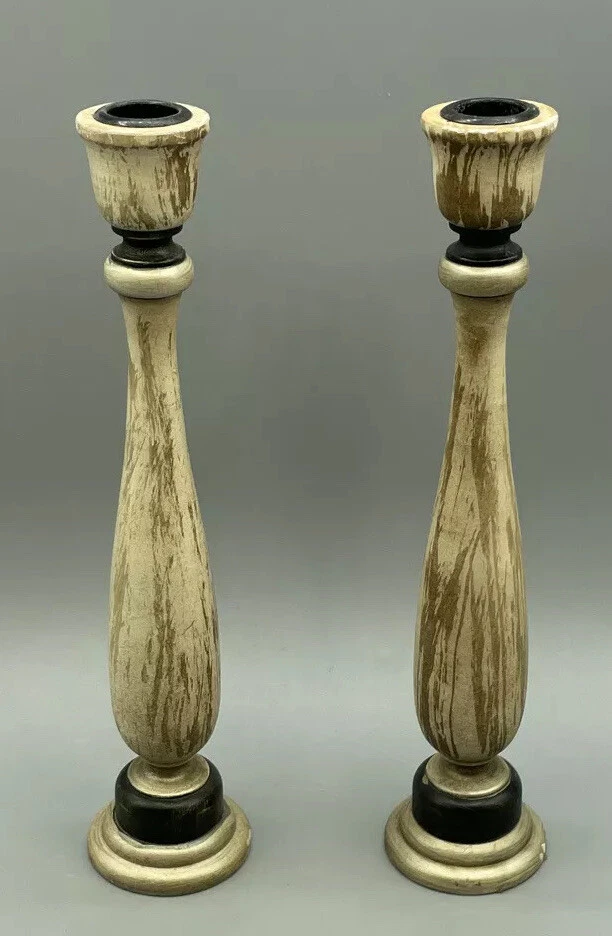 Pair of Rustic Pillar Candle Holder Candlesticks Distressed White Gold Wood VTG - Image 3 of 4