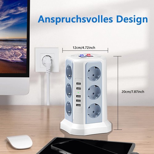 12 Fach Mehrfachsteckdose Mit 5USB Steckdosenturm Schalter für Zuhause Büro 2M - Bild 23 von 32