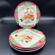 Vtg The Cellar at Macy's Log Cabin Reindeer Plates Christmas Holiday Set of 4