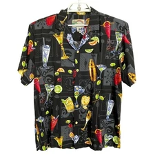 Paradise Found Vintage Hawaiian Cocktails Black Colorful Rayon Button Up Shirt M
