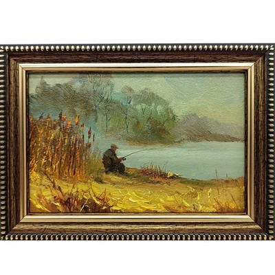 Fisherman Original Oil Painting 6x4 Framed Signed River Landscape Fishing Art