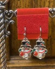 Oh So Cute 1  Silver Tone Enamel Dangle Drop Christmas Holiday Snowman Earrings