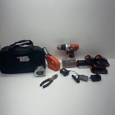 Black And Decker Assorted Tools, Driver Bits, Drill, Light, Tape Measure, Pliers