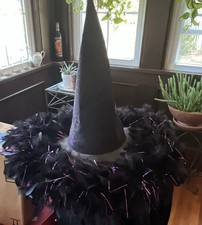 Black  Purple Witch Hat w/ Feather Trim, Adult Unisex One Size Halloween